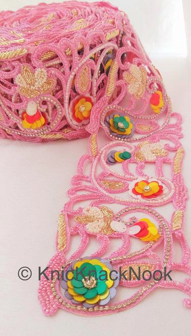 Pink Hand Embroidered Cutwork Beaded Trim, Multicolour Sequins Wedding Sash, Zardozi Sari Border Trim By Yard Decorative Exclusive Fashion